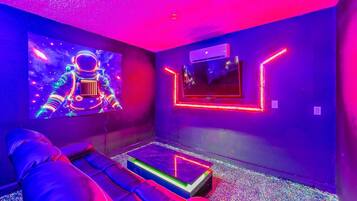 Smart TV, fireplace, video games, ping pong