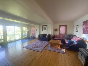 Smart TV, fireplace, books, offices