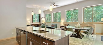 Trails End Retreat | Contemporary Asheville Home with Firepit & Hot Tub