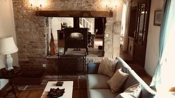 Télévision, cheminée, chaîne hi-fi