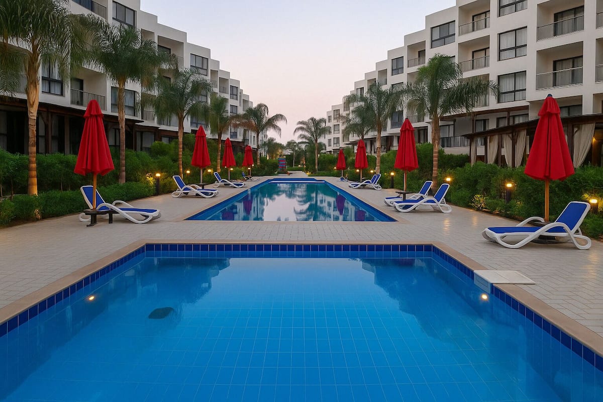 A swimming pool with lounge chairs and red umbrellas, surrounded by palm trees and modern buildings.