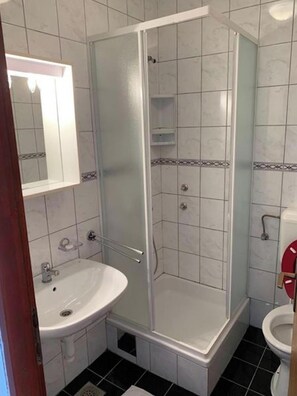 Et badeværelse med bruser, vask og toilet.