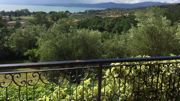 Ein Balkon mit schmiedeeisernen Geländern, der auf eine üppige Landschaft mit Bäumen und einen entfernten Blick auf einen See und Berge blickt.