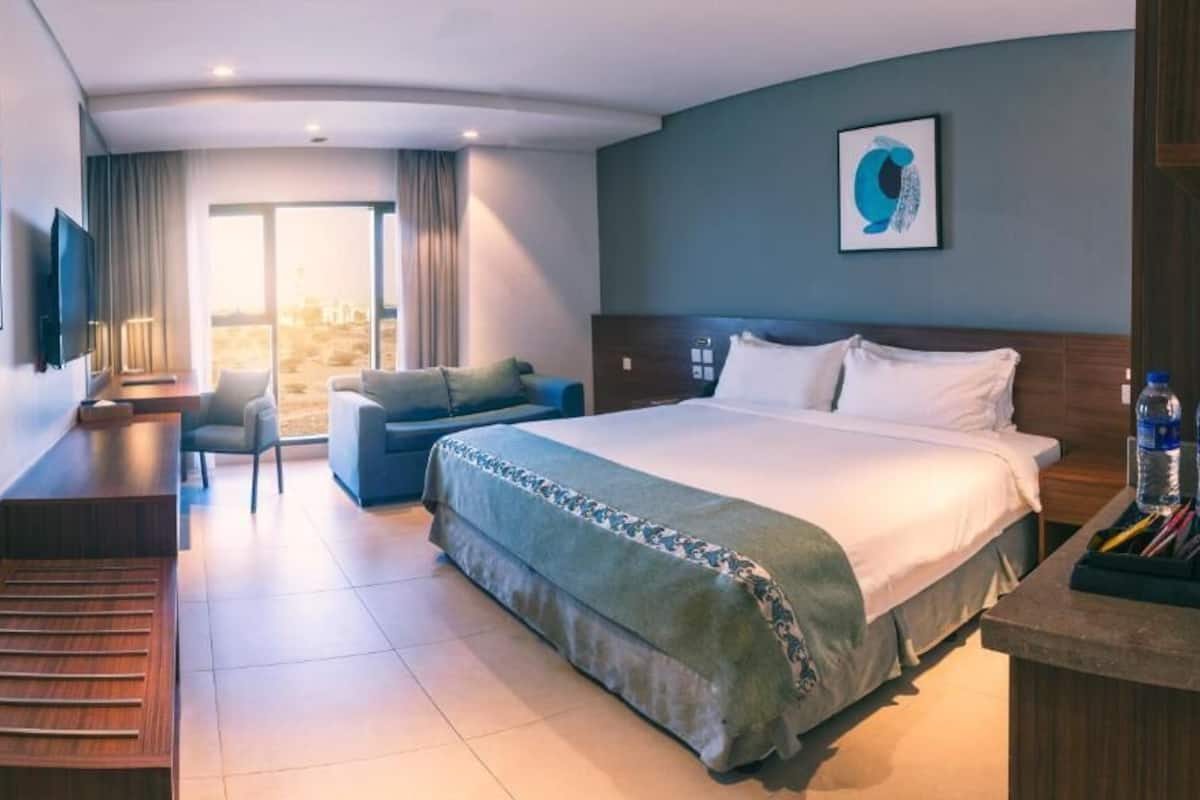 A hotel room with a large bed, a desk with a chair, a TV, and a view of the outdoors.
