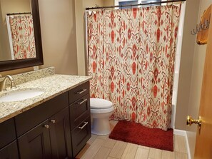 Secadora de cabello, toallas, shampoo 