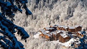 Eine Gruppe von Blockhütten mit schneebedeckten Dächern, umgeben von dichtem Wald.