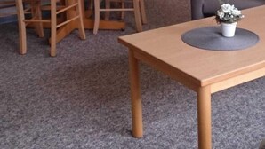 Ein Essbereich mit Holzkstühlen und einem Tisch, einem grauen Teppich, einer Hängelampe und einer Tür im Hintergrund.