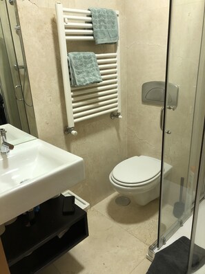 Combined shower/bathtub, hair dryer, towels, soap