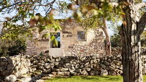 Edificio de piedra con puerta y ventana, rodeado de un muro de piedra y árboles.