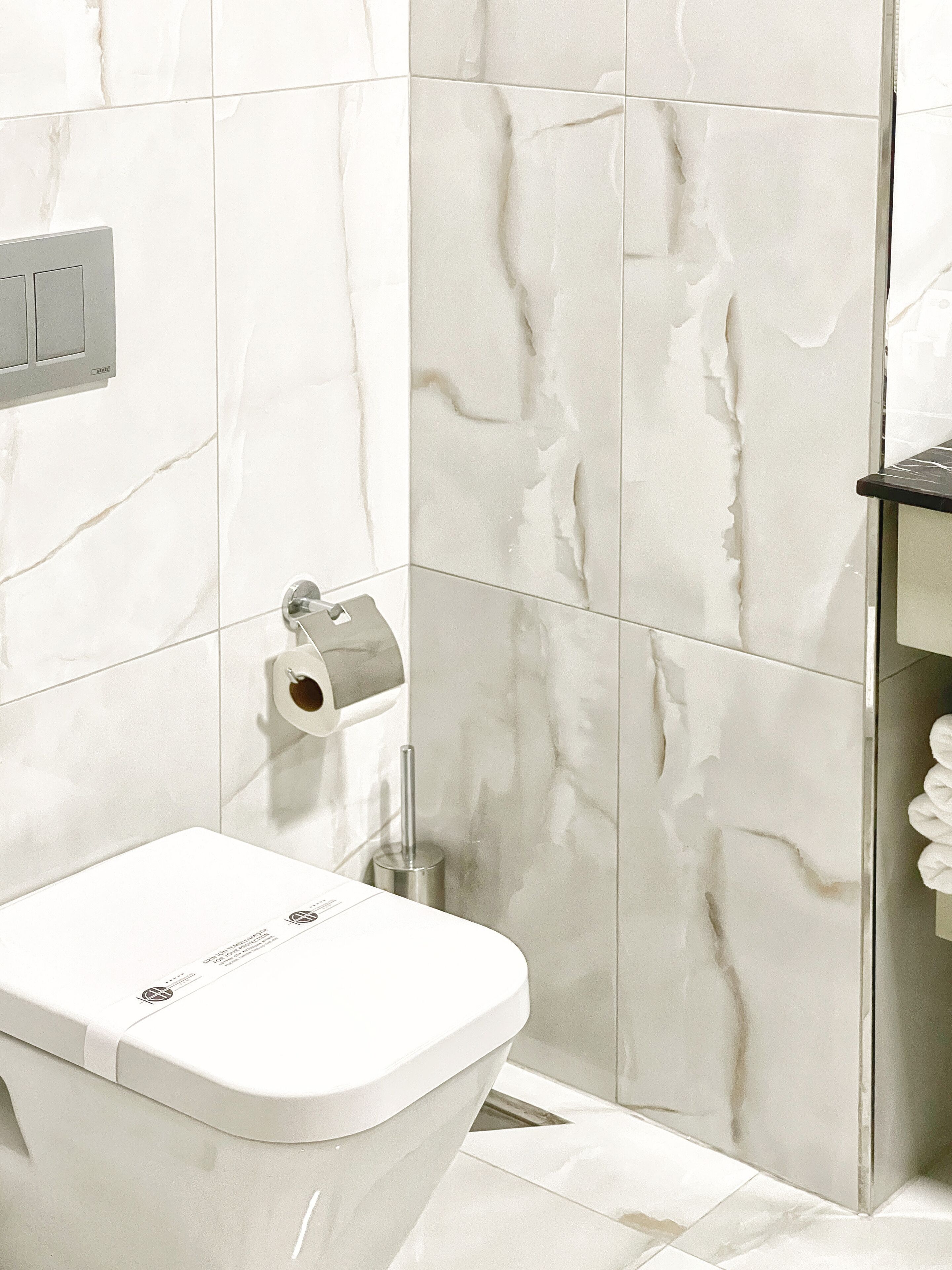A bathroom with a toilet, a paper towel dispenser, and a towel rack.