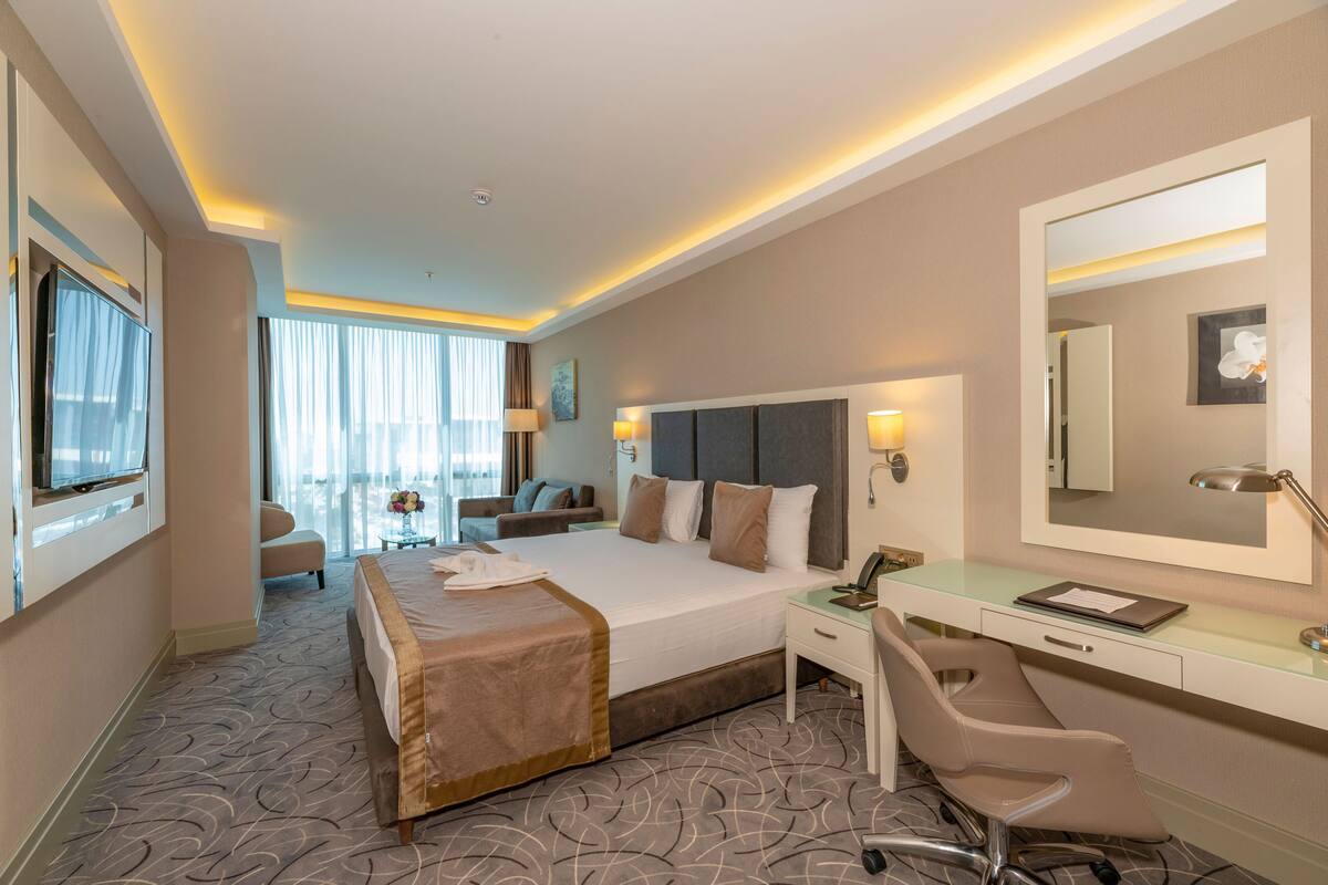 A hotel room with a large bed, a desk, a chair, a TV, and a window with curtains.