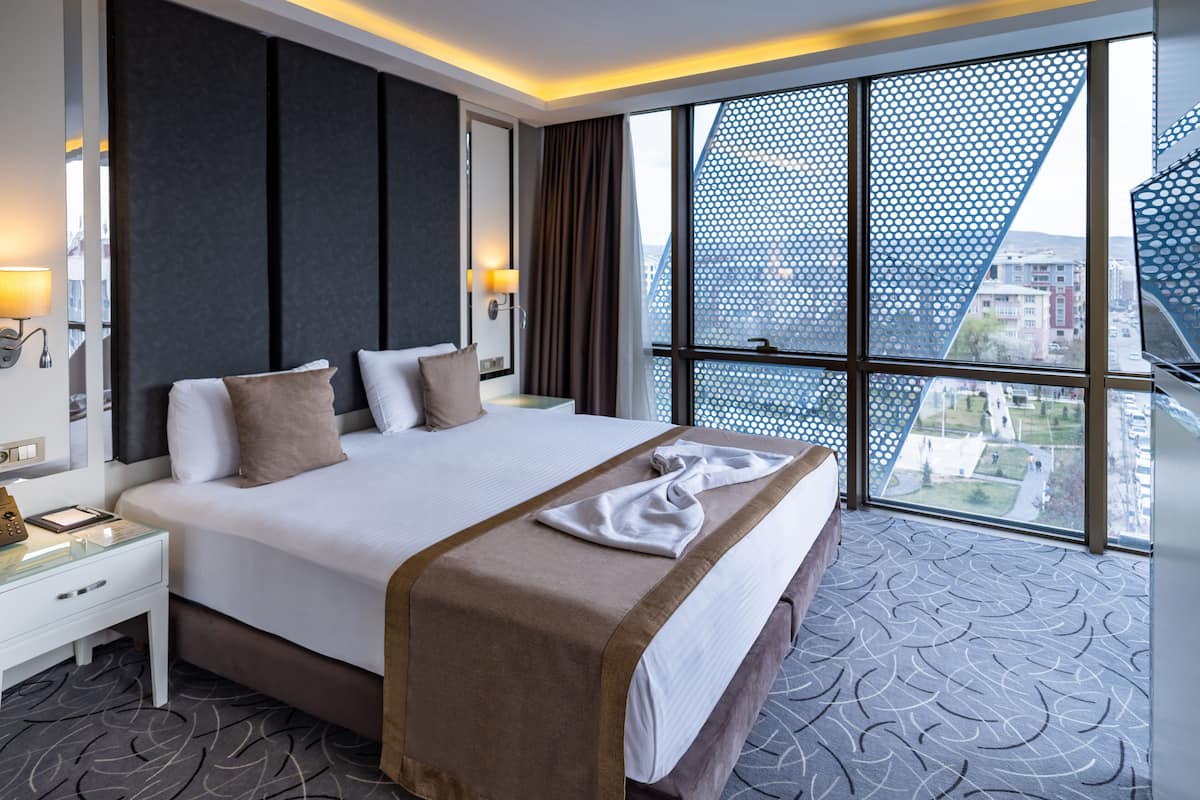 A hotel room with a large bed, a nightstand, a lamp, and a window with a view of the city.