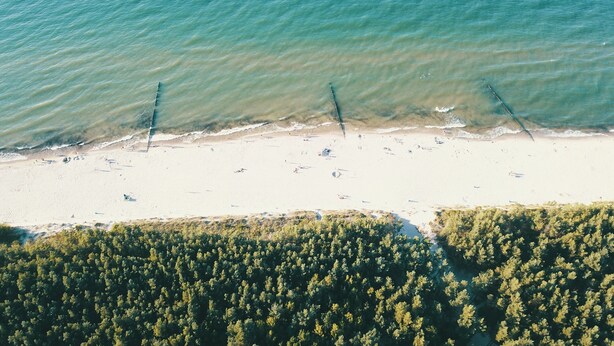 An aerial view of a beach with clear water, a sandy shore, and a forested area. - Sunny Paradise-s?oneczny Raj (Sarbinowo)
