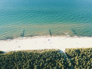 Vista aérea de una playa con agua cristalina, una orilla arenosa y una zona boscosa.