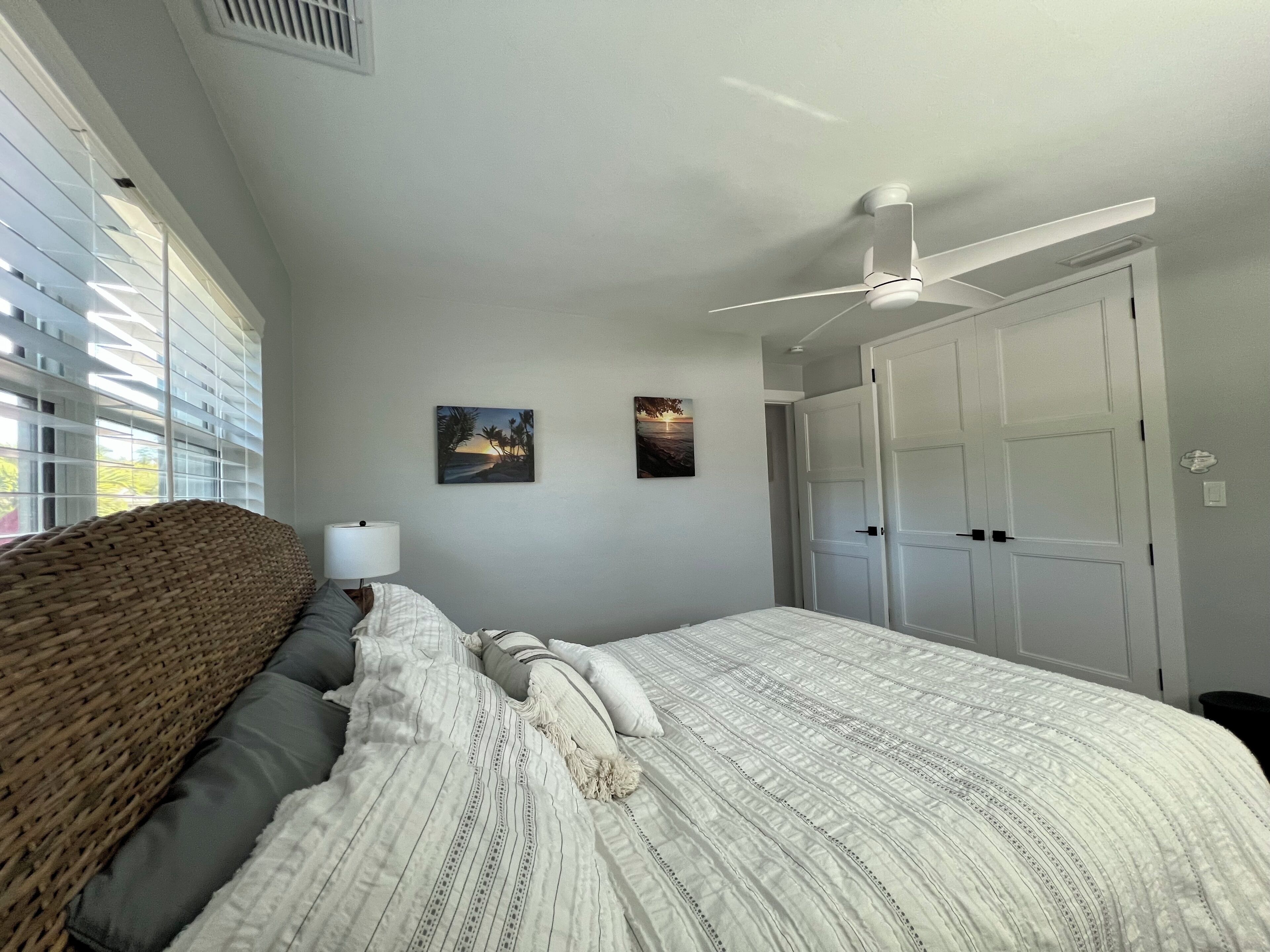 A bedroom with a bed, a ceiling fan, two wall-mounted paintings, and a wardrobe.