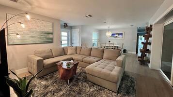 TV connectée, cheminée, livres, chaîne hi-fi