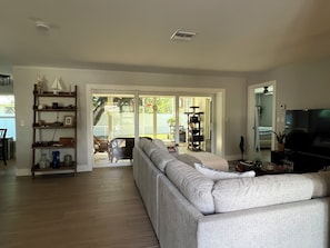 TV connectée, cheminée, livres, chaîne hi-fi