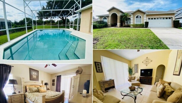 A swimming pool, a house with a garage, a bedroom with a bed and nightstand, and a living room with a sofa and coffee table. - Southern Dunes Golf Views! 5 Bedroom Home by RedAwning (Haines City)