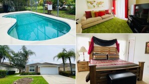 A swimming pool, a living room with a sofa and TV, a bedroom with a bed and nightstand, and a house with a garage. - Snow Birds Welcome- Southern Dunes Golf! 4 Bedroom Home by RedAwning (Haines City)