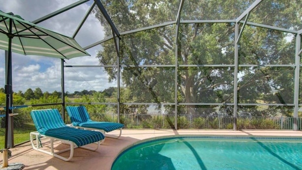 Une piscine couverte avec deux chaises longues bleues et un parasol vert.