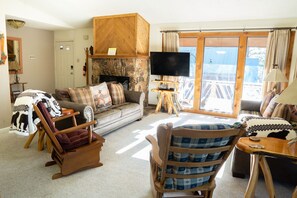 Smart TV, fireplace, books