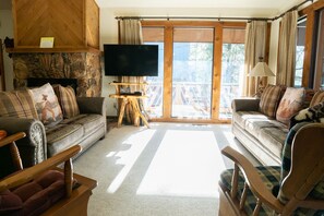 Smart TV, fireplace, books