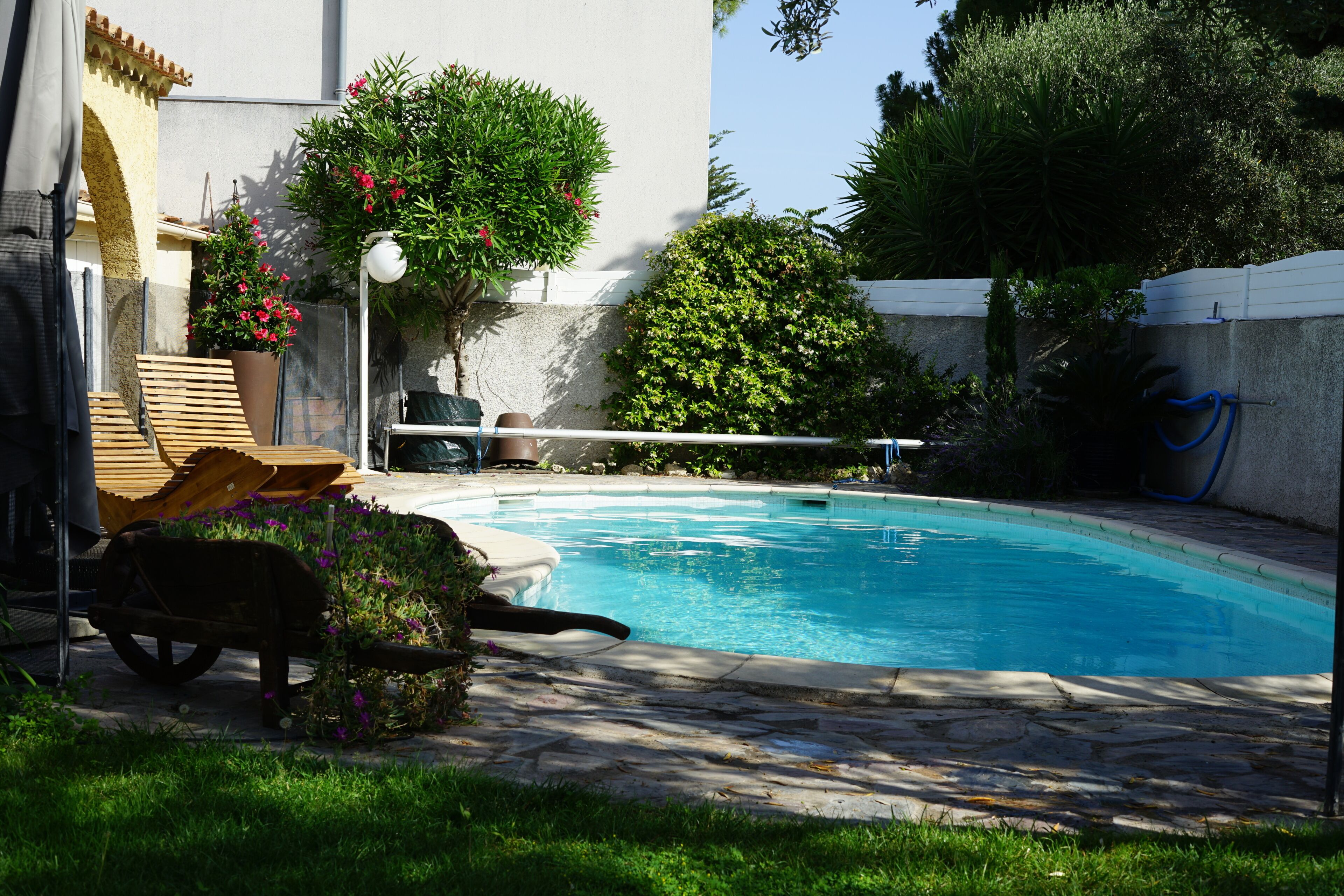 Ein Pool mit einer Steinterrasse, umgeben von viel Grün und einer Holzterrasse mit Liegestühlen.