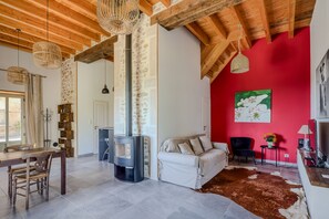 TV, fireplace, books