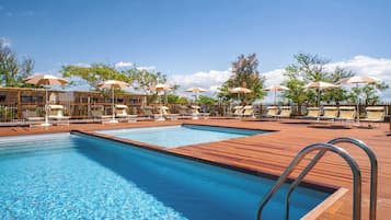 Seasonal outdoor pool, open 9:00 AM to 7:00 PM, pool umbrellas