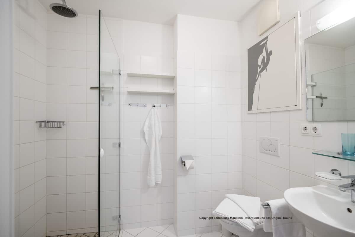 A modern bathroom with a glass shower enclosure, a white sink, and a mirror.