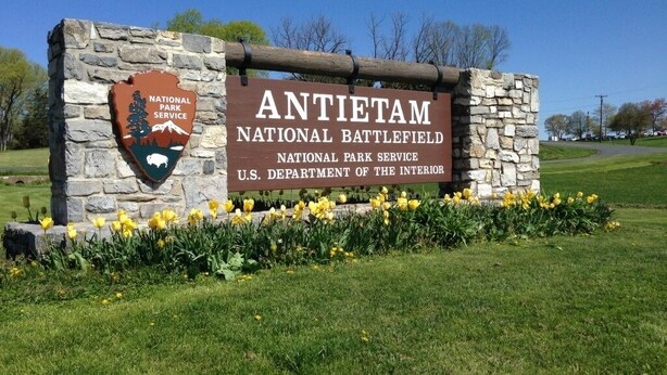 A sign for Antietam National Battlefield, part of the National Park Service, with a stone wall and flowers in the foreground. - Peaceful Single-Level Retreat, Near Harpers Ferry,  Easy Access + Prime Location (Harpers Ferry)