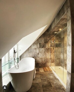 Shower, hair dryer, slippers, towels