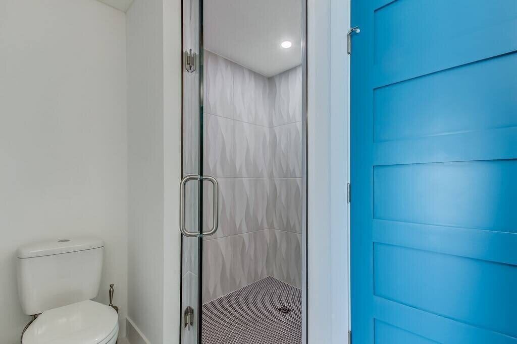 A bathroom with a glass-enclosed shower, a white toilet, and a blue door.