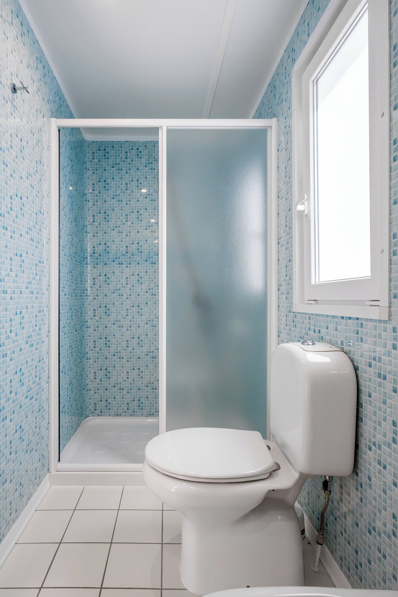 Un baño con ducha, inodoro y ventana.