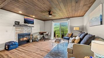 Televisio, takka, työhuone