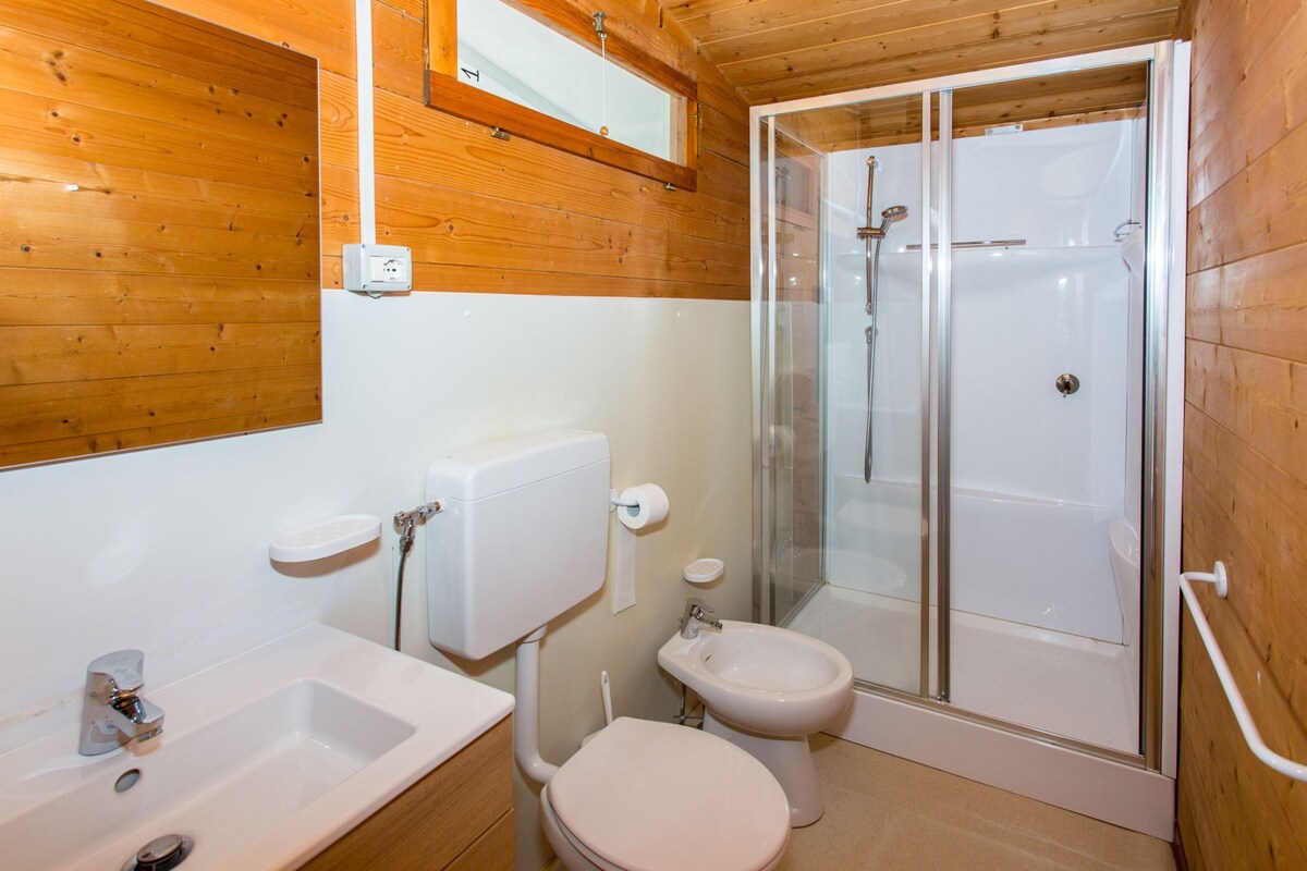 A bathroom with a wooden interior, a sink, toilet, bidet, and a glass-enclosed shower.