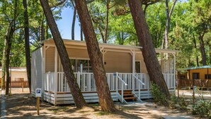 Eine kleine, einstöckige Holzhütte mit Veranda, umgeben von Bäumen.