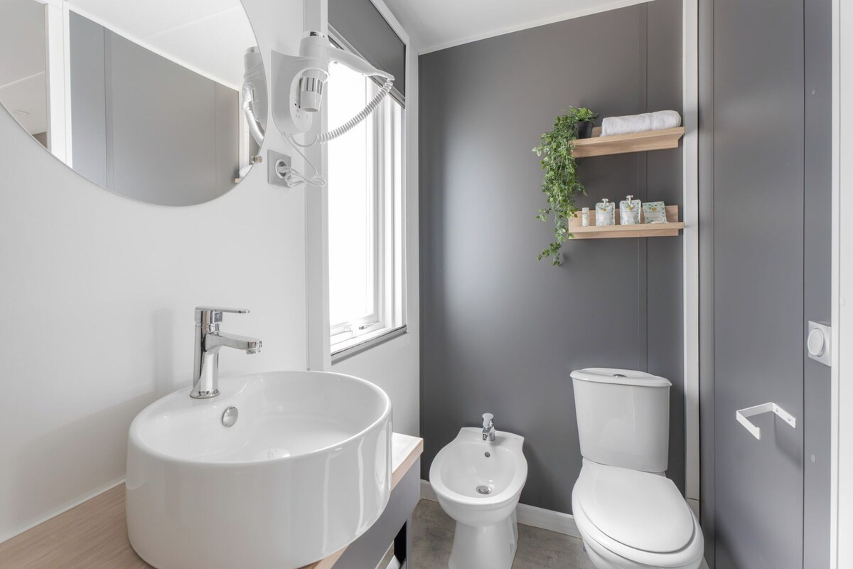 A modern bathroom with a large sink, bidet, toilet, and a mirror with a light fixture.