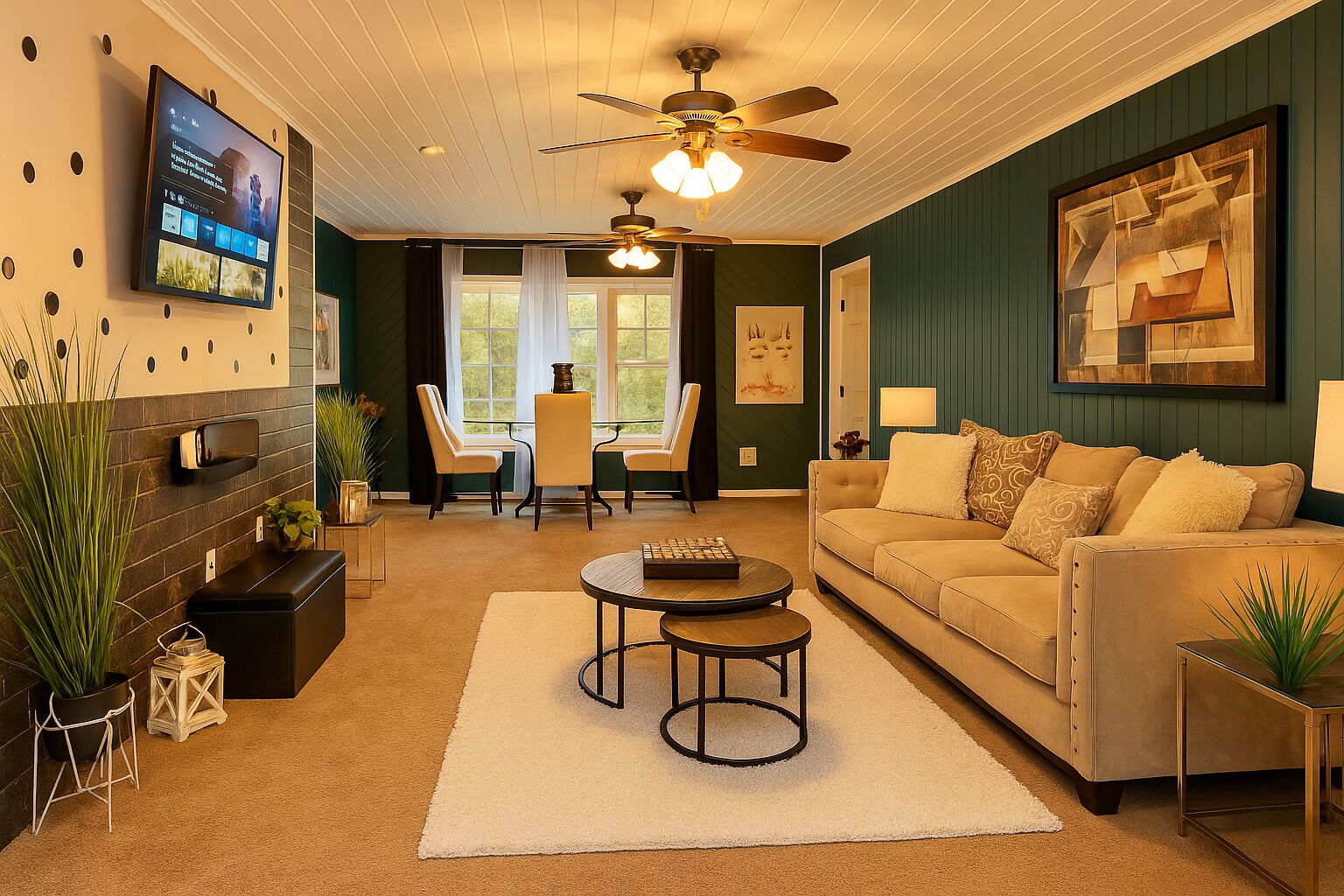 Smart TV, fireplace, books, music library