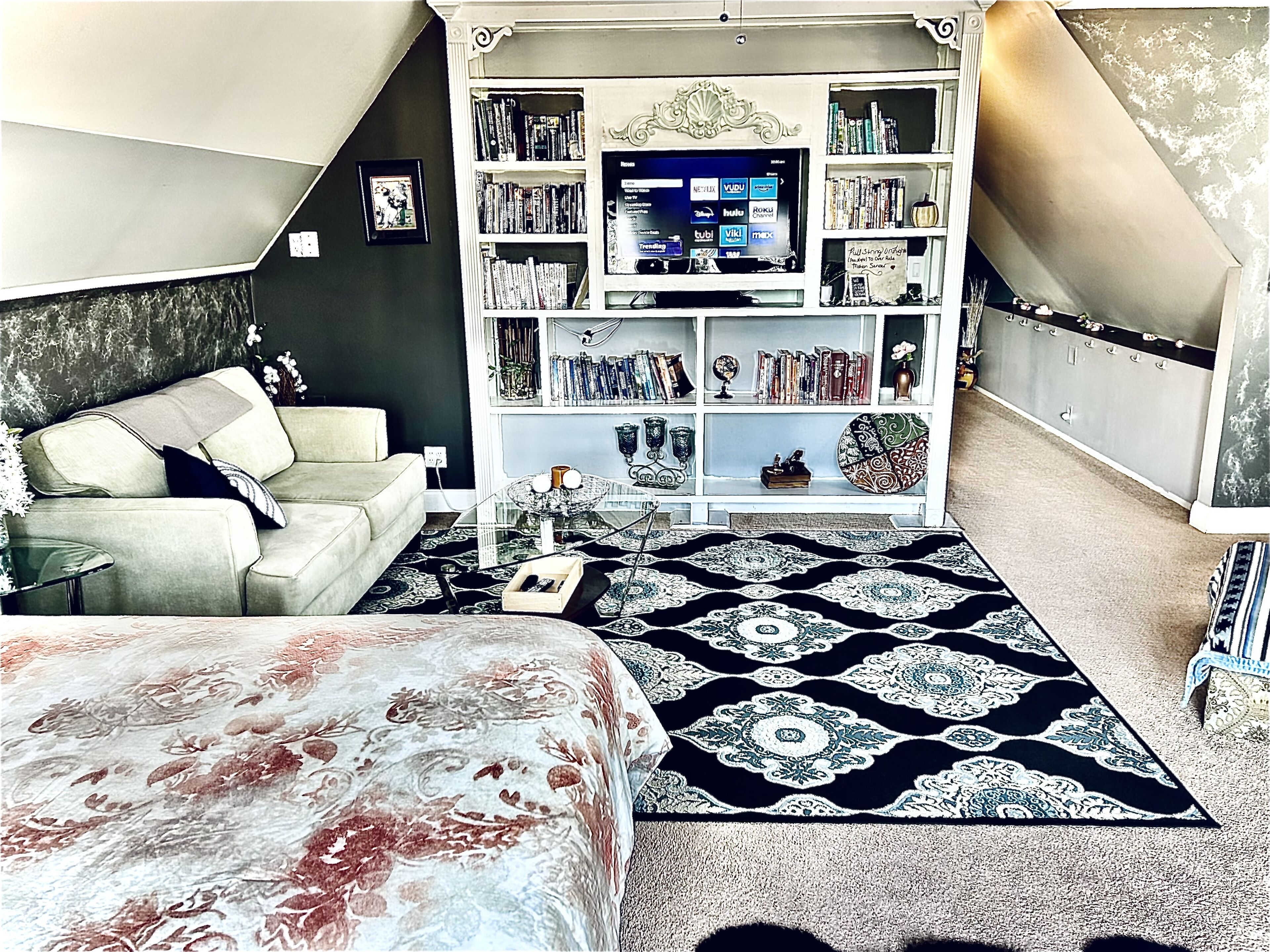 Smart TV, fireplace, books, music library