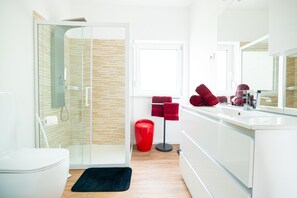 Dusche, Haartrockner, Handtücher, Toilettenpapier