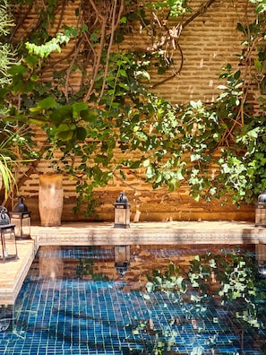 Outdoor pool, pool umbrellas, pool loungers
