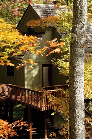 A wooden cabin with a porch and a door, surrounded by trees with autumn leaves.