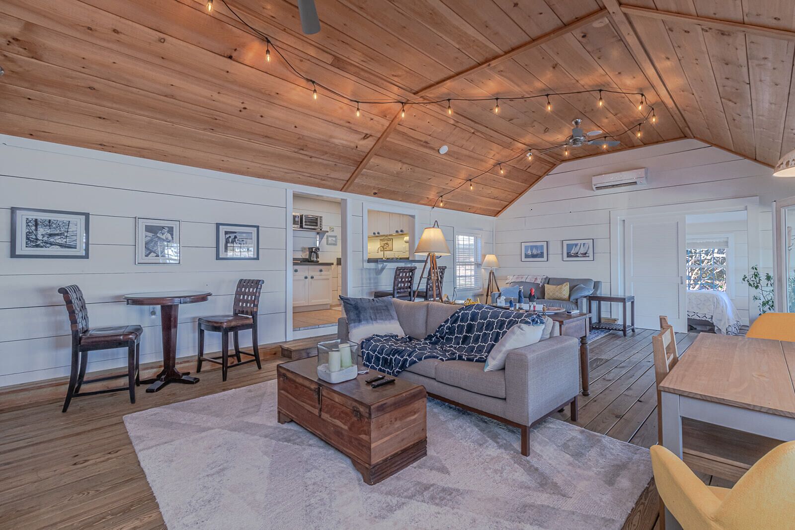 TV connectée, cheminée, lecteur de DVD, livres