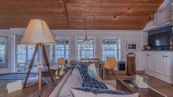 Älytelevisio, takka, DVD-soitin, kirjoja