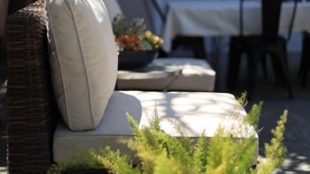 A wicker sofa with a cushion, a potted plant, and a dining area with a table and chairs in the background.