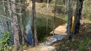 A gravel path leading to a wooden dock over a calm lake, surrounded by trees and ferns. - Lakeside Retreat: Explore 35 acres of wilderness and private lake, hot tub (Ellijay)