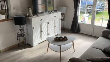 Smart TV, fireplace, books, computer monitors