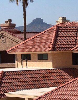 Un edificio con techos de tejas rojas, una palmera y una montaña al fondo.