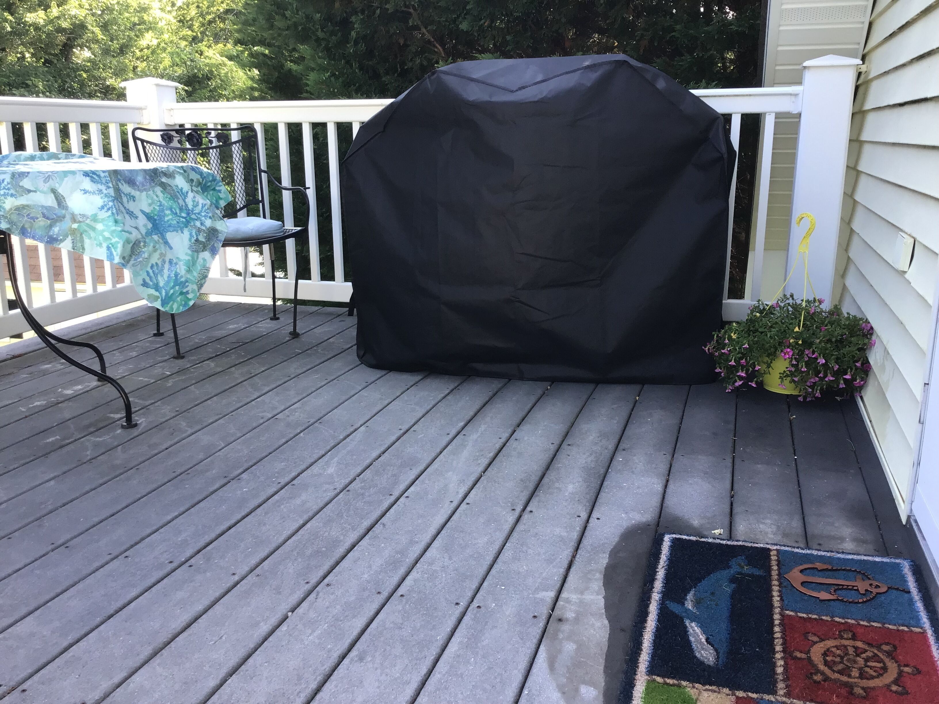 A covered outdoor seating area with a table and chairs, a covered grill, and a potted plant.